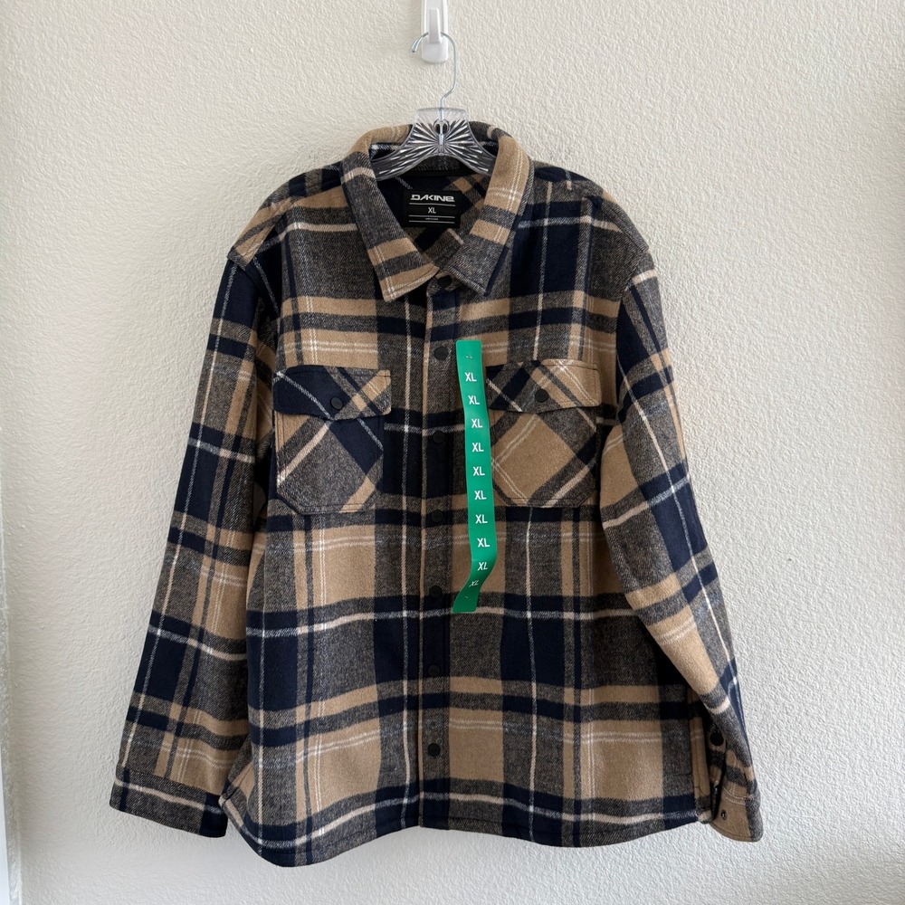 Dakine Mens XL Navy and Tan Plaid Fleece Flannel Shirt Jacket Snap Front